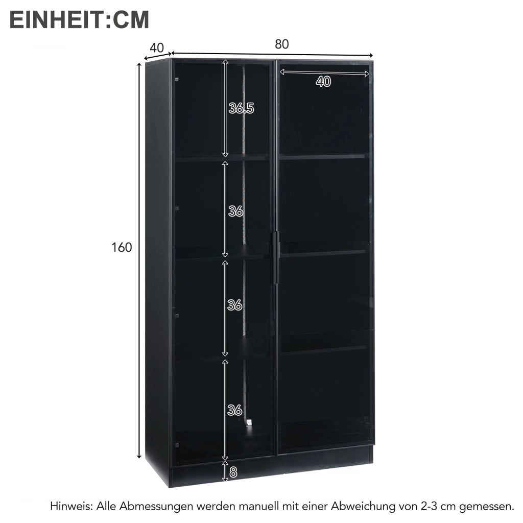 OKWISH Vetrina con 2 Ante in Vetro, 4 Ripiani e Mensole Regolabili, LED con Applicazione, per Soggiorno, 80 x 40 x 160 cm