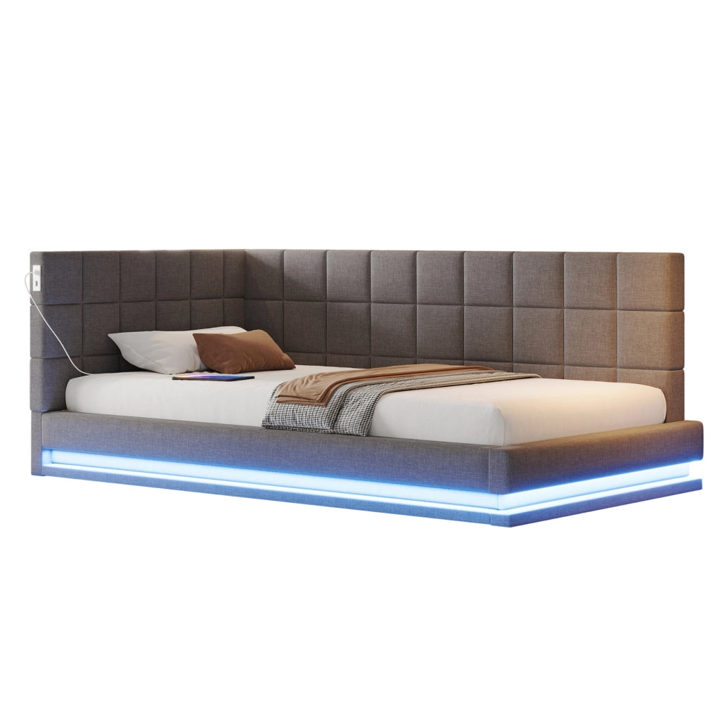Letto imbottito 90x200 cm con LED; USB e rete a doghe in lino grigio