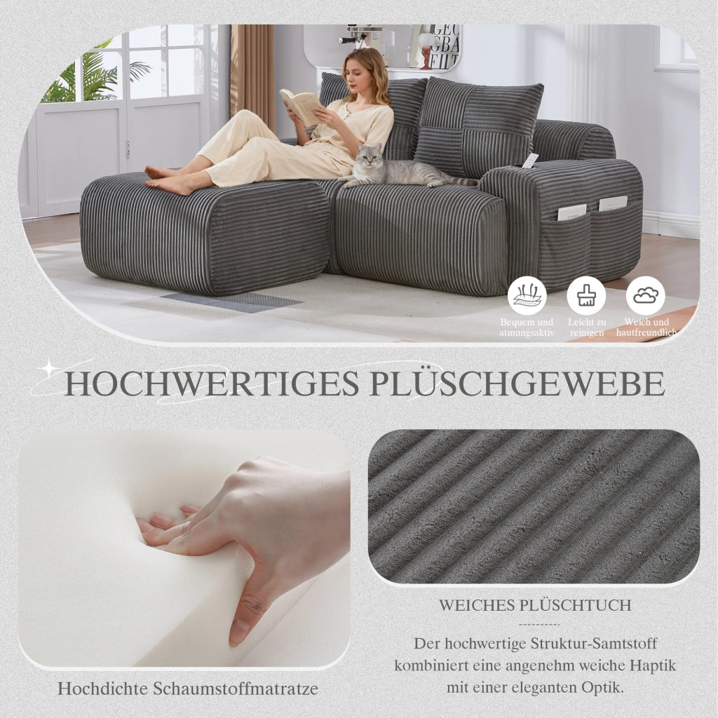 Divano modulare 2 posti in tessuto a coste con portabicchieri e tasca laterale grigio scuro 200 × 174 × 80 cm