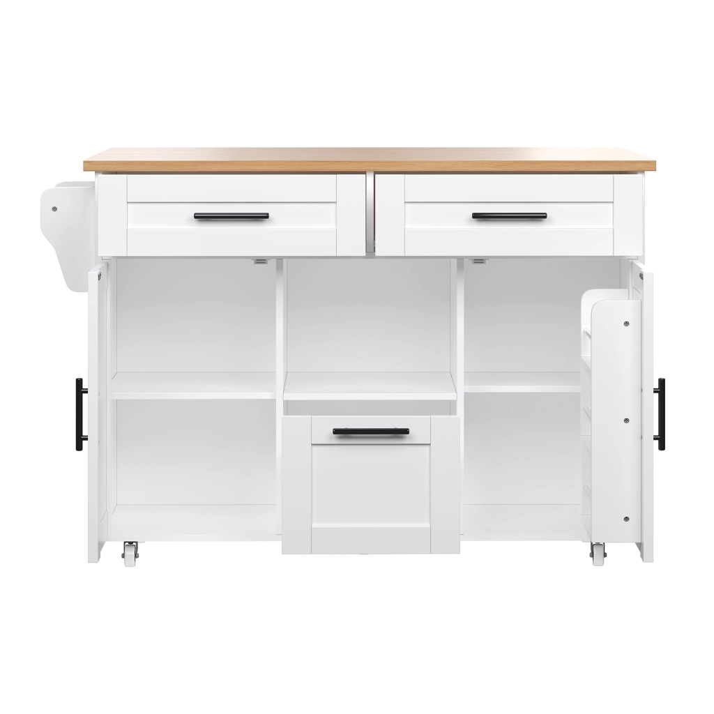 Carrello cucina bianco con ruote girevoli, vassoio pieghevole, cassetti e ripiani regolabili 120x46/71x90 cm