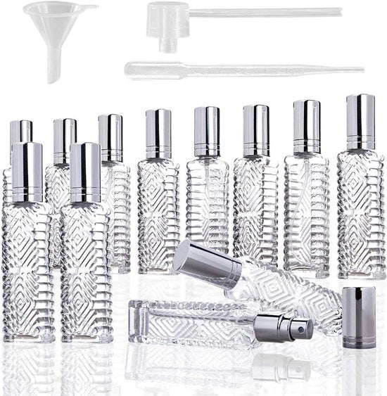 Set di sprayflessen in vetro da 10 ml, 12 pezzi, per profumi e oli essenziali - vuoti, riempibili con contenitori e dispenser a siringa