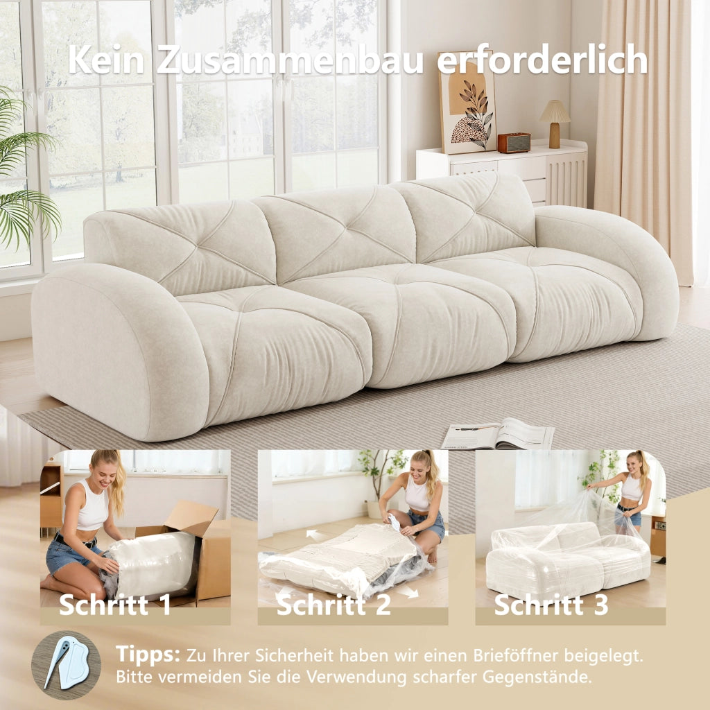 Divano modulare 3 posti senza struttura in tessuto chenille con seduta confortevole, beige chiaro 281 × 95 × 76 cm