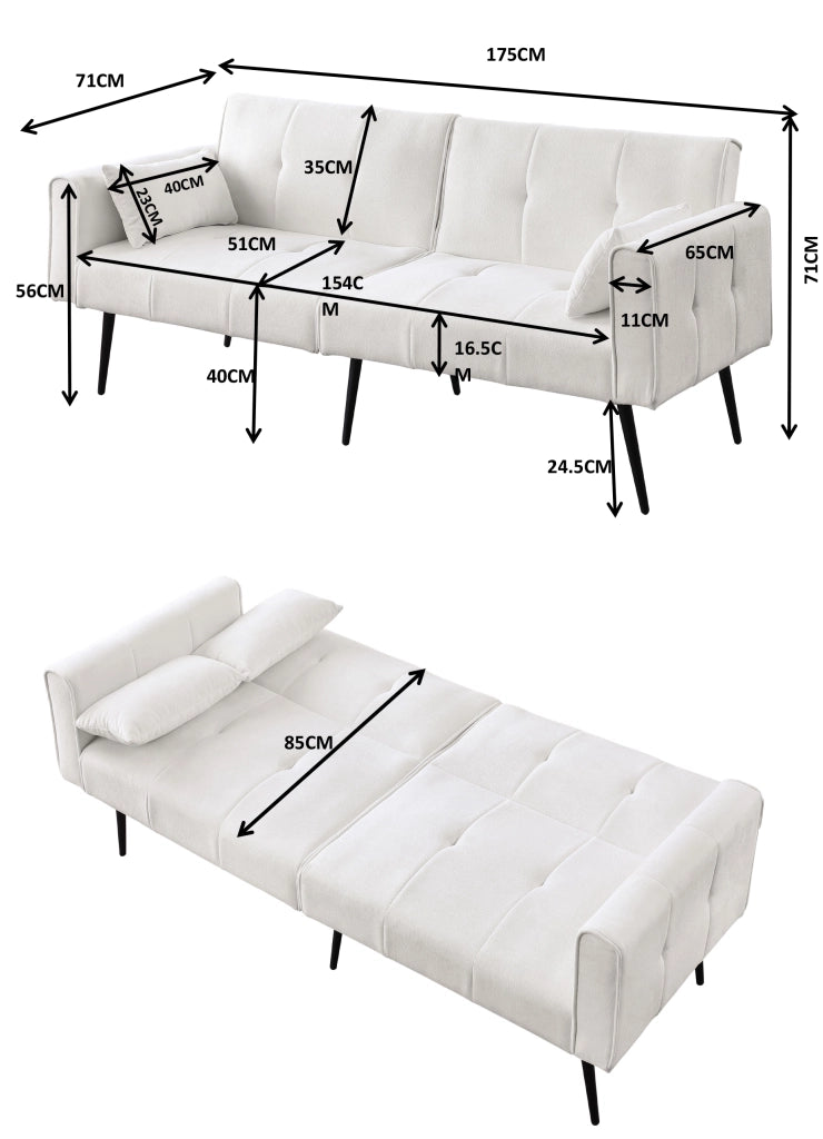 Divano letto futon convertibile con struttura in legno e piedini in metallo per salotto in tessuto a coste beige