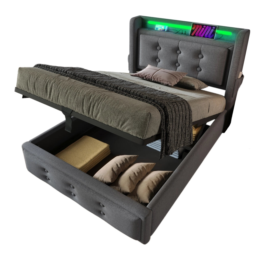 Letto Contenitore Letto Singolo 90 x 200 cm con LED; USB; Tipo C e Ripiano; senza Materasso; Grigio