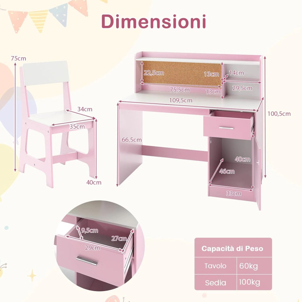 Set Scrivania e Sedia per Bambini 3+ Anni, Tavolo da Scrittura in Legno con Mensole, Cassetto e Bacheca in Sughero, Tavolo e Sedia per Disegno e Studio (Rosa)
