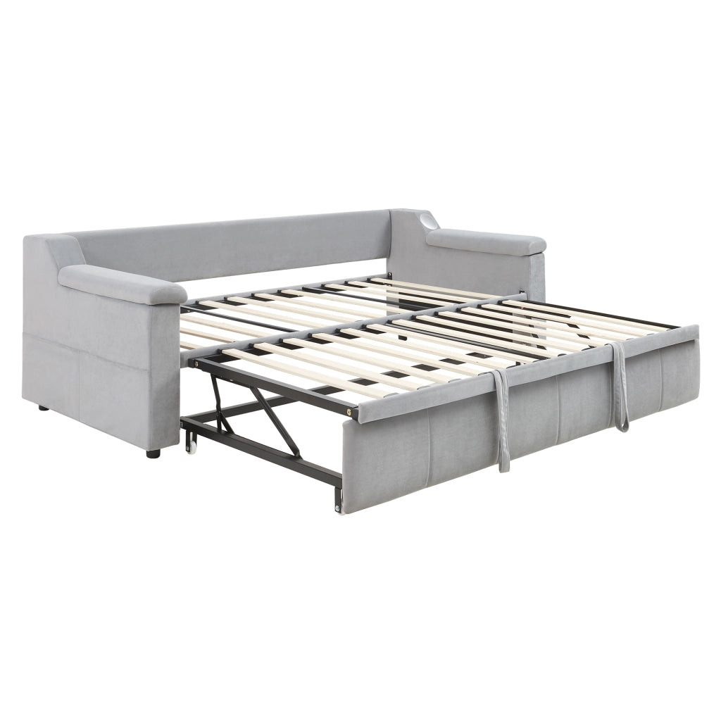 Divano letto imbottito convertibile 90/180x190 cm con Bluetooth, porte USB, vani portaoggetti e rete a doghe, grigio chiaro