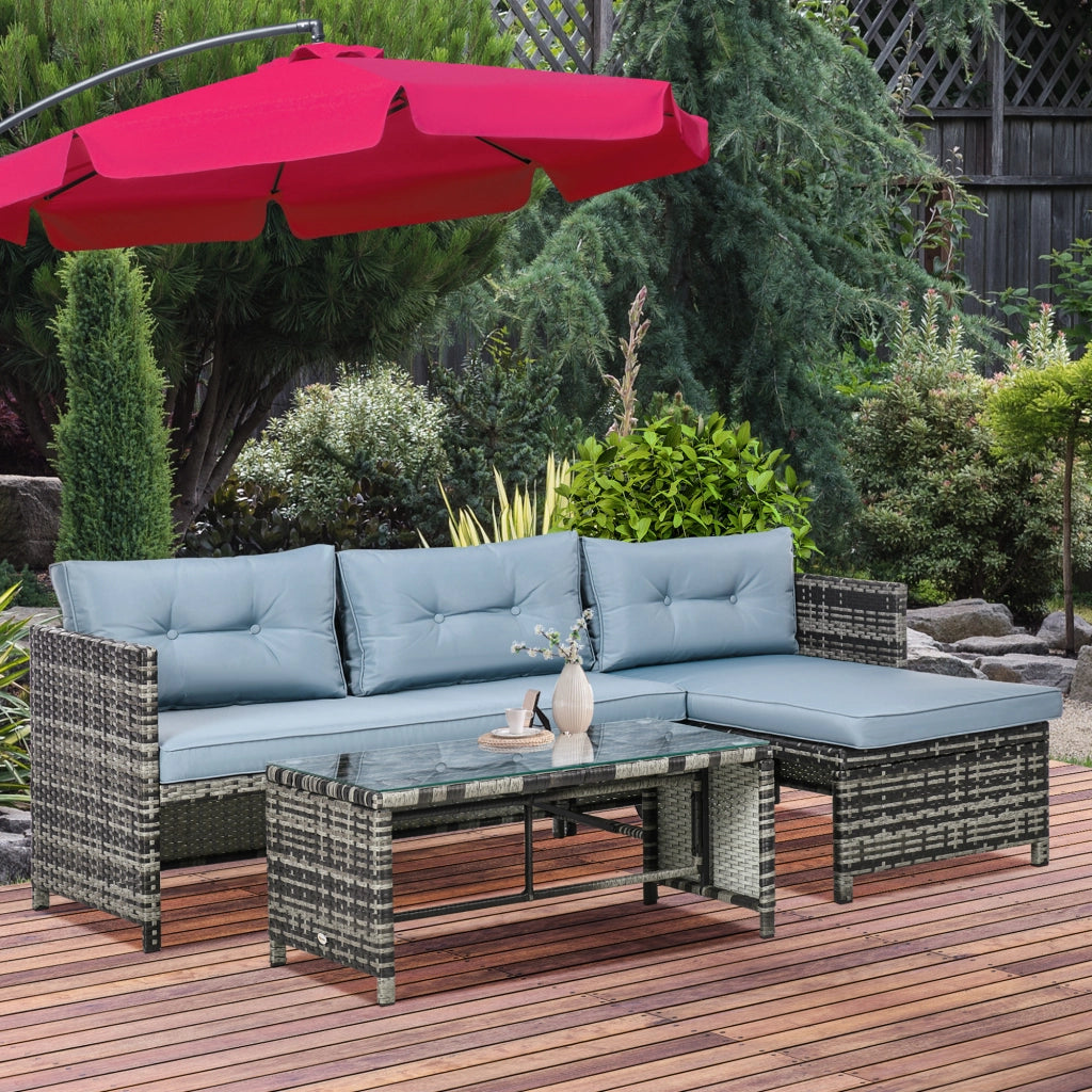 Salotto da Giardino con Divanetto, Chaise Longue e Tavolino in Rattan PE con Cuscini, Grigio