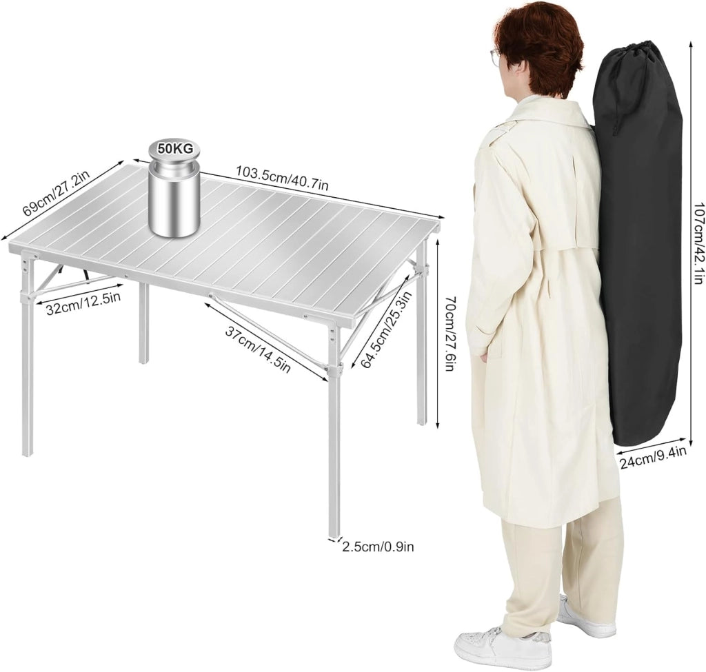 Tavolo Campeggio Pieghevole in Alluminio Tavoli Richiudibili Portatile da Giardino Picnic Buffet Tavolino da balcone, Esterno/Interno, Elevata capacità di carico 104×69×70cm Argento