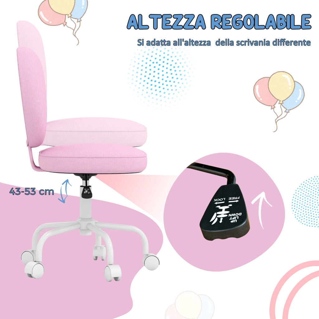 Sedia per Scrivania a Forma di Cuore con 5 Rotelle e Altezza Regolabile in Tessuto Rosa, 42x50x79-89cm