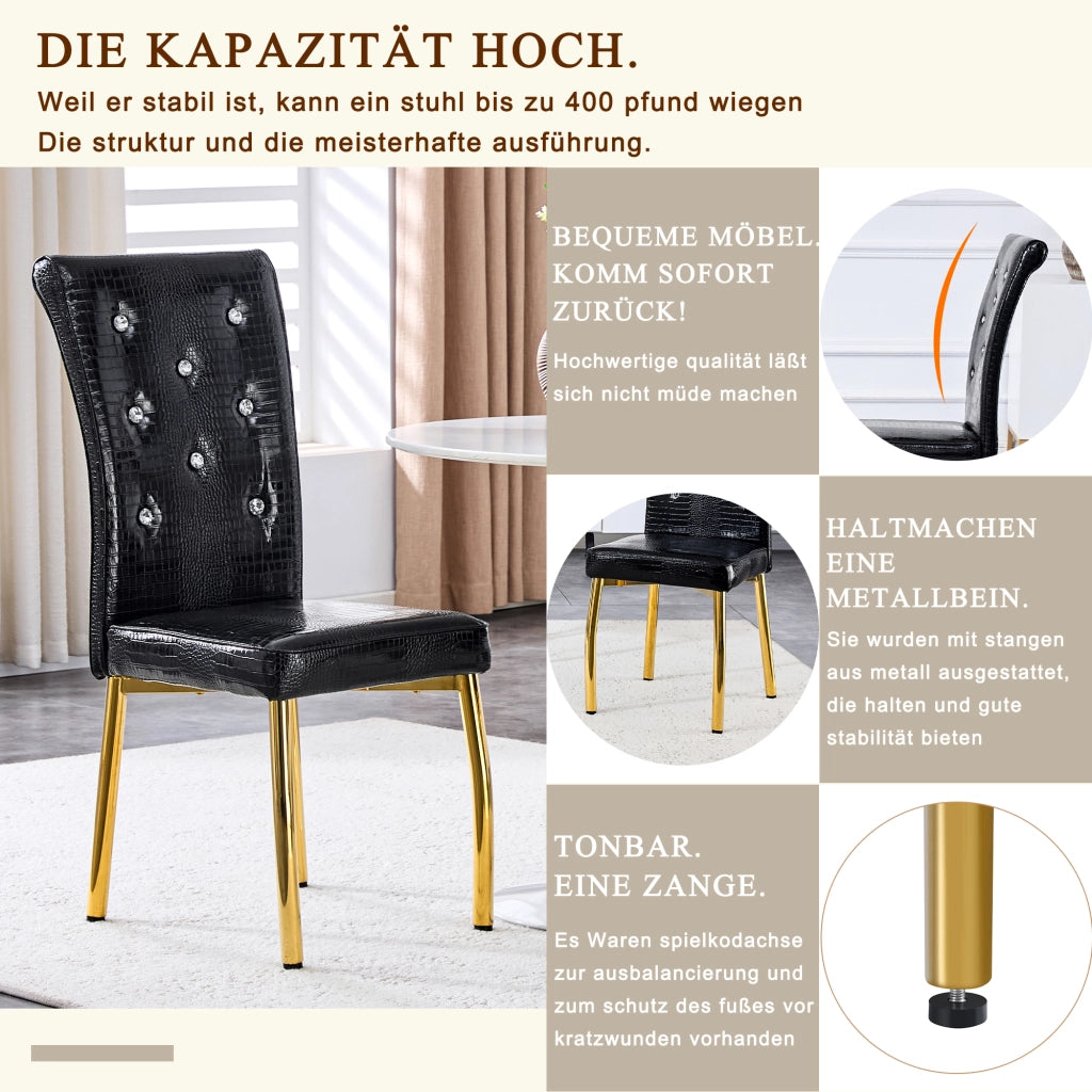 Set di 2 sedie da pranzo con design effetto coccodrillo e dettagli in cristallo in PVC nero e oro