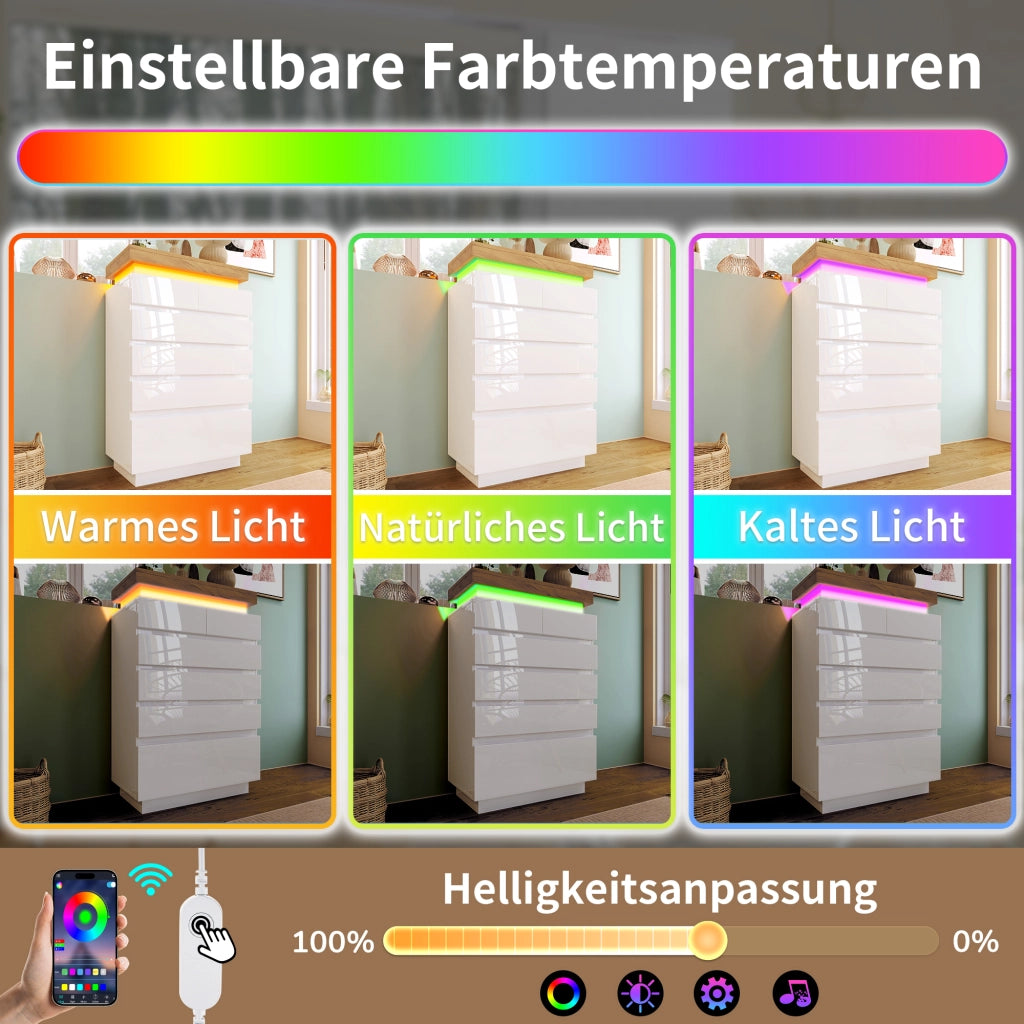 Cassettiera con 6 Cassetti e LED con Modalit?? Musica; Controllo tramite App; Finitura Lucida; 73??39??115 cm; Bianca; in Pannelli