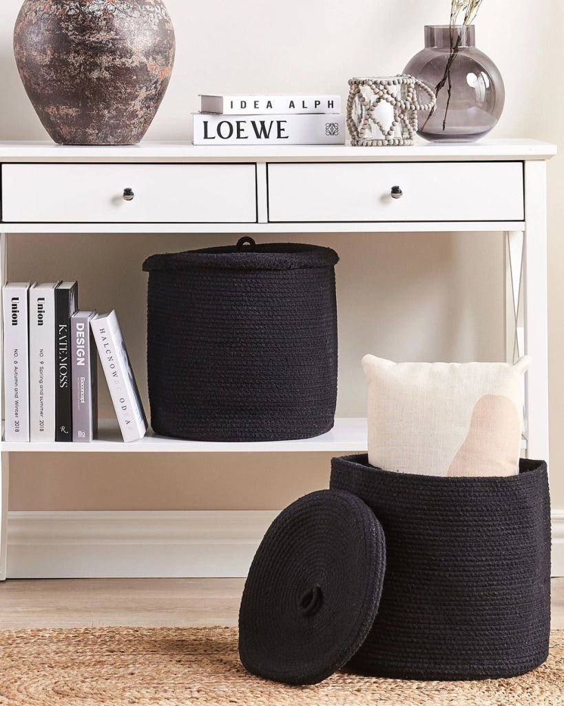 Set di 2 cestini in tessuto di cotone nero con strisce con coperchio boho accessori per la conservazione