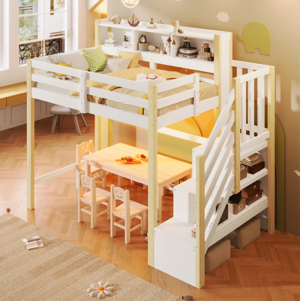 Letto a soppalco 90x200 cm con LED, scala contenitiva e vani aperti