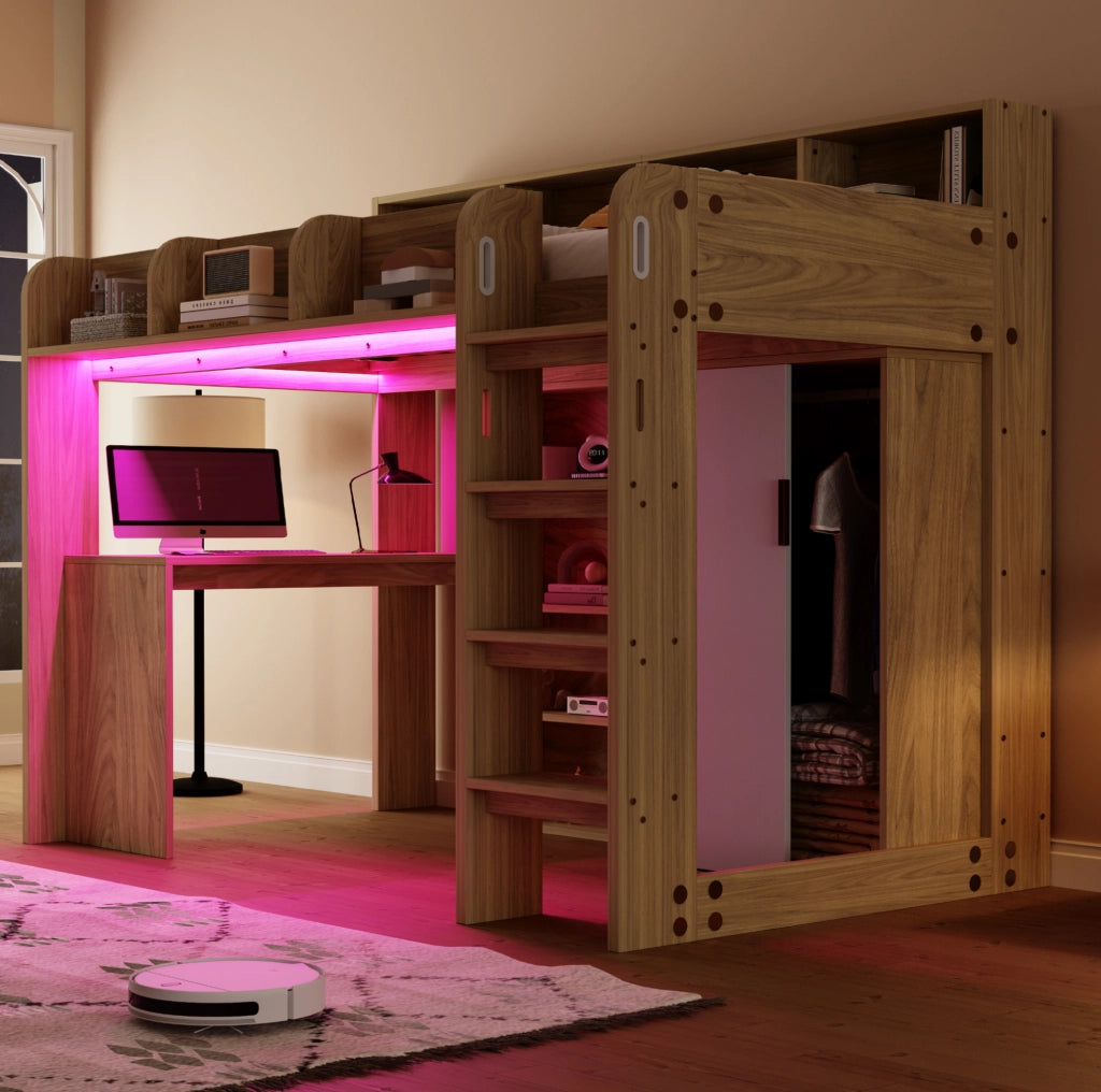 Letto a soppalco multifunzionale 90x200 cm in legno naturale con scrivania; armadio; LED e presa
