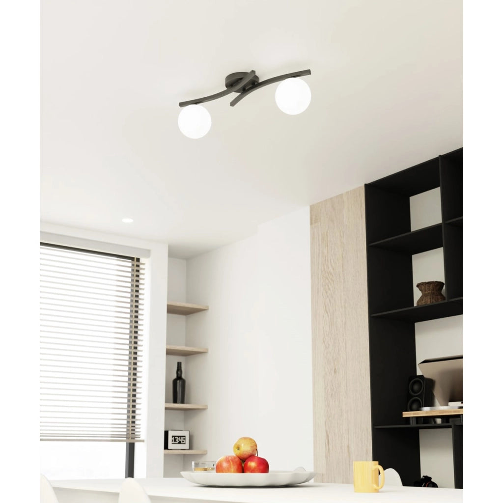 Lampada a sospensione Opus in acciaio nero e vetro opalino
