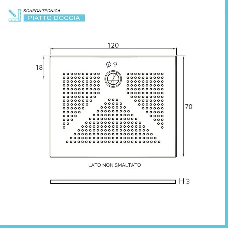 Piatto doccia rettangolare 70x120 H3 cm in ceramica bianco opaco con antiscivolo  Ruy