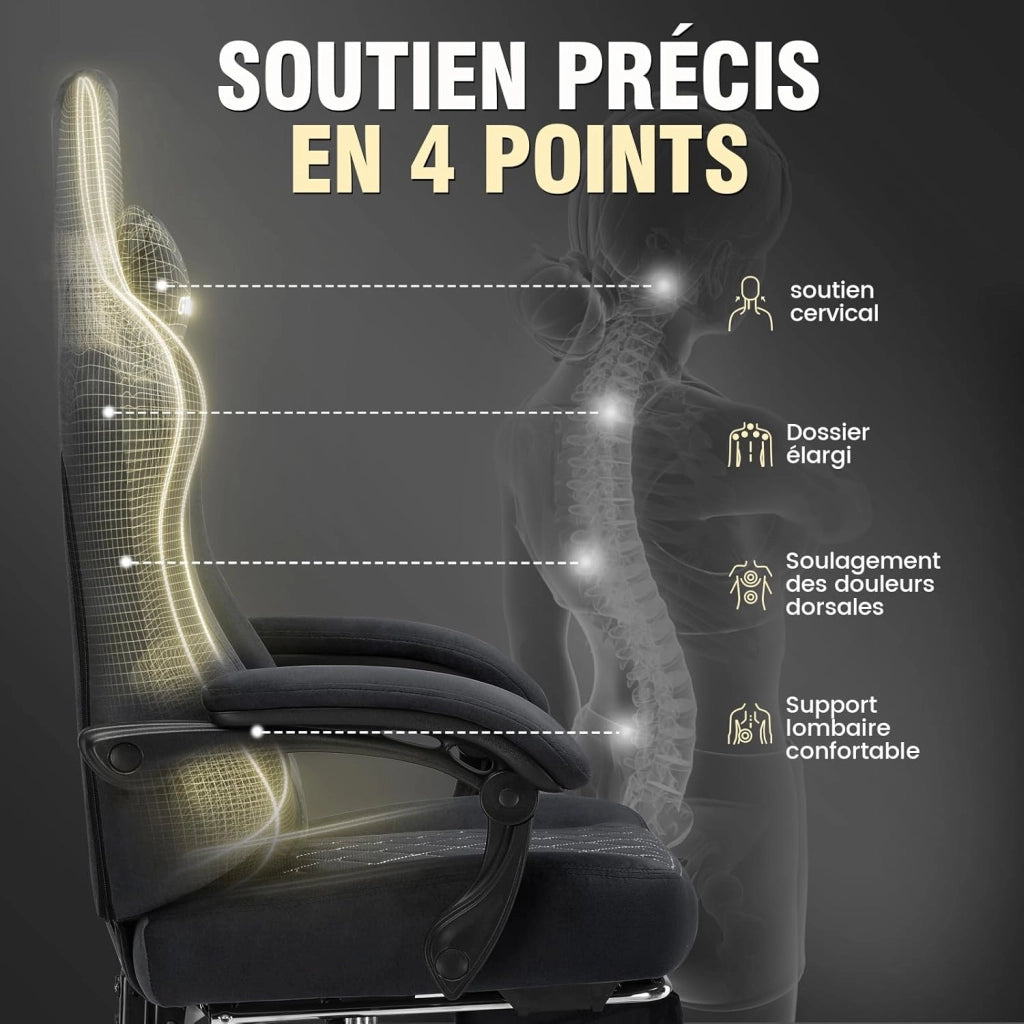 Sedia Gaming Poltrona Gaming Tessuto Sedia Gamer Ergonomica Ufficio Sedia PC 150 kg Sedia da tavolo regolabile e girevole con Cuscino Seduta a Molle e Poggiapiedi, Nero