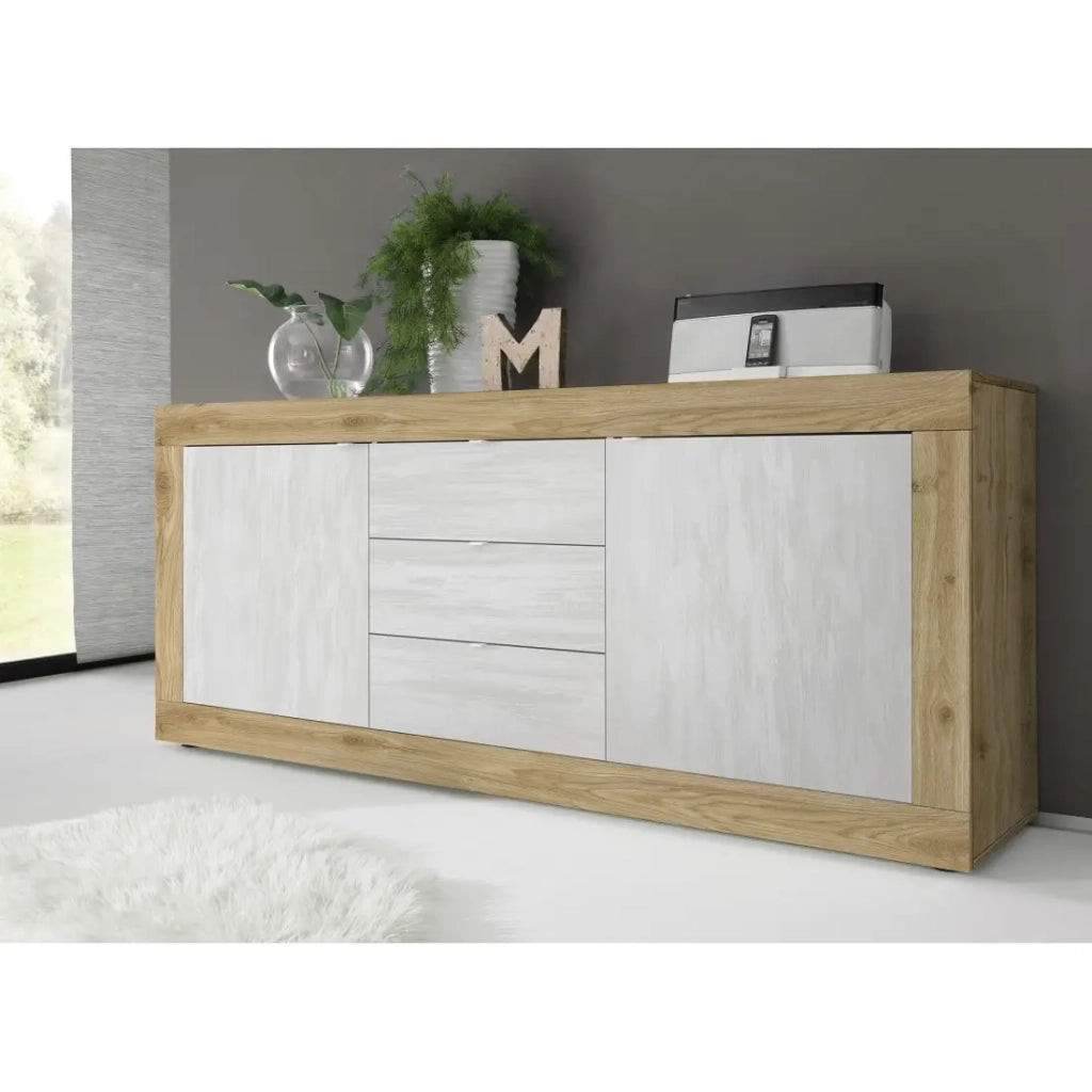 Credenza a 2 porte e 3 cassetti collezione ACCESS. Colori bianco e rovere chiaro.