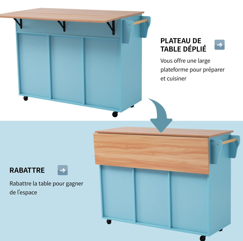 Carrello da cucina pieghevole blu con piano estensibile