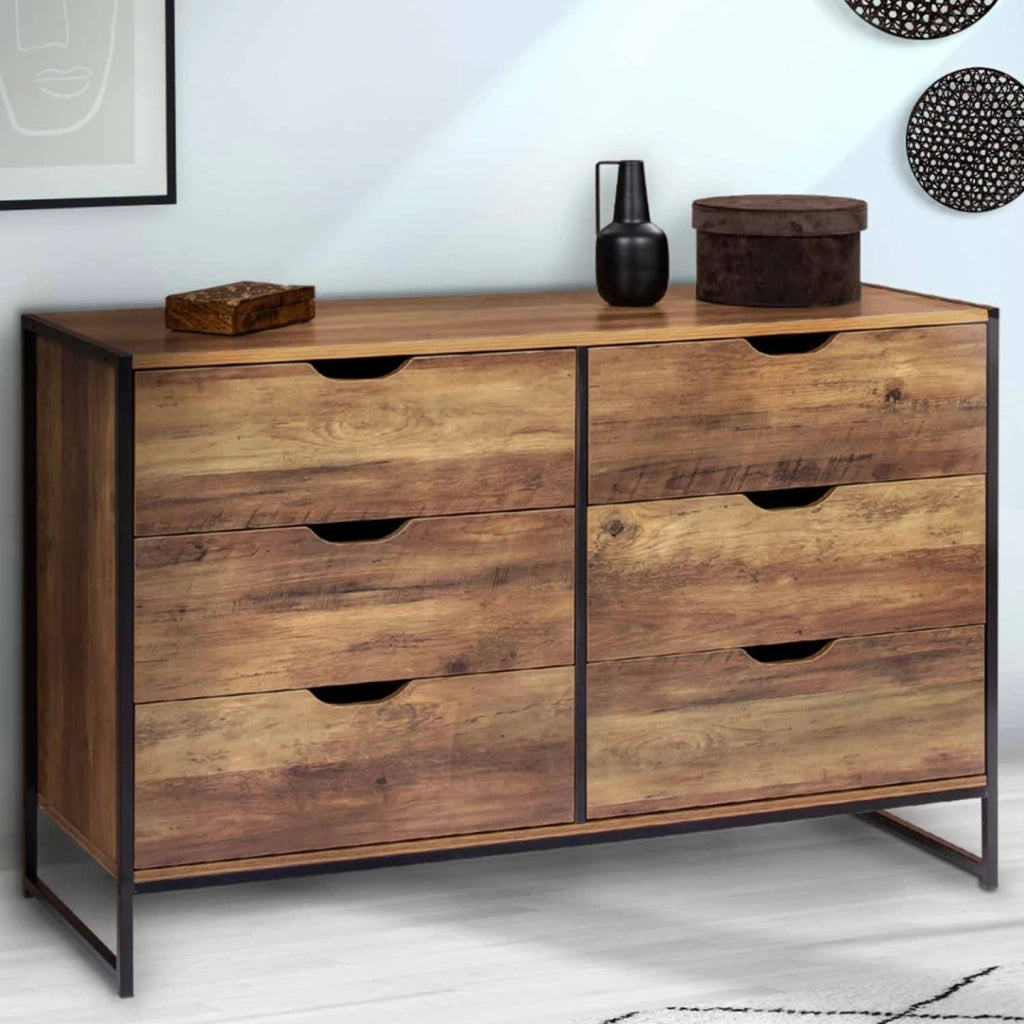 IDMarket - HAWKINS Cassettone a 6 cassetti da 115 cm in legno scuro, design industriale