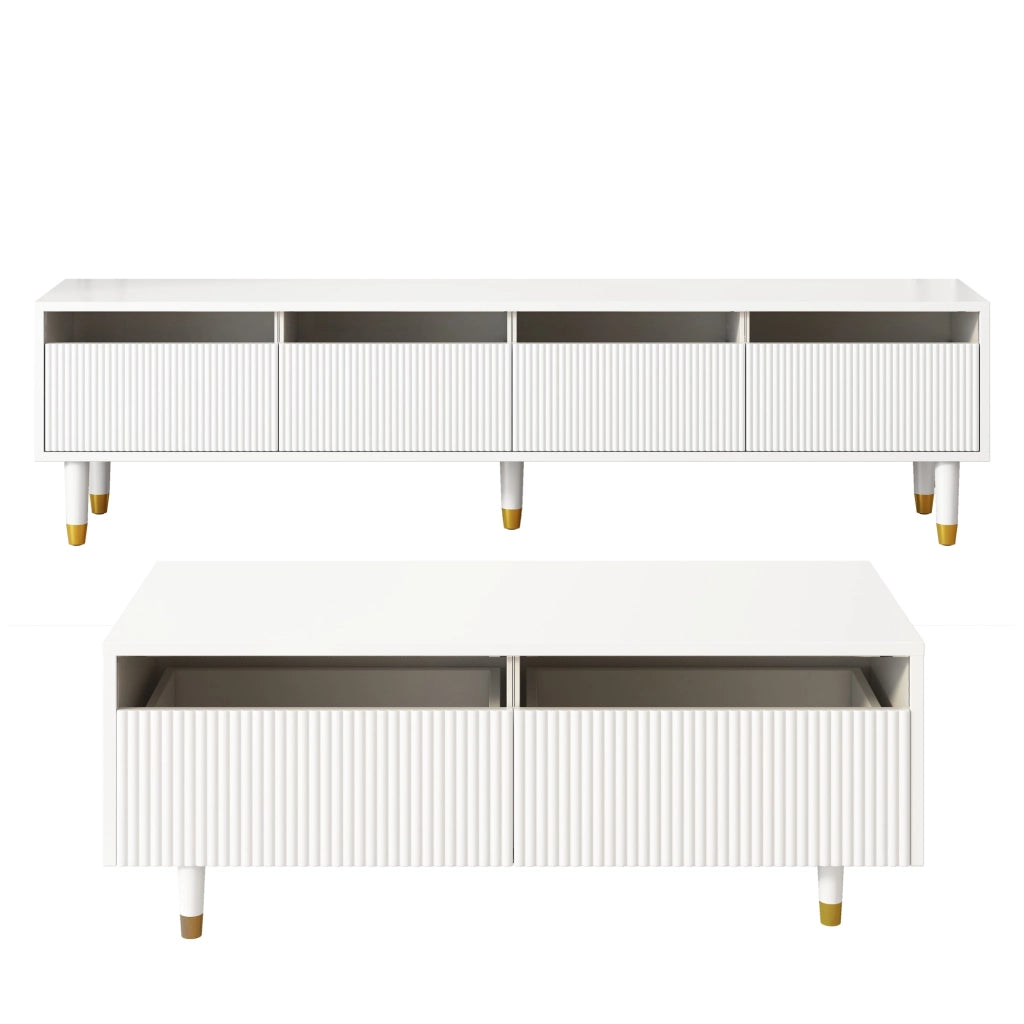 Set soggiorno moderno con mobile TV a 4 ante e tavolino con 2 cassetti, LED 7 colori, MDF bianco