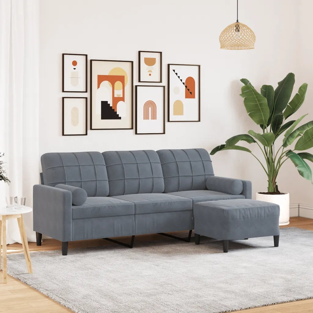 Divano a 3 Posti con Poggiapiedi Grigio Scuro 180 cm in Velluto