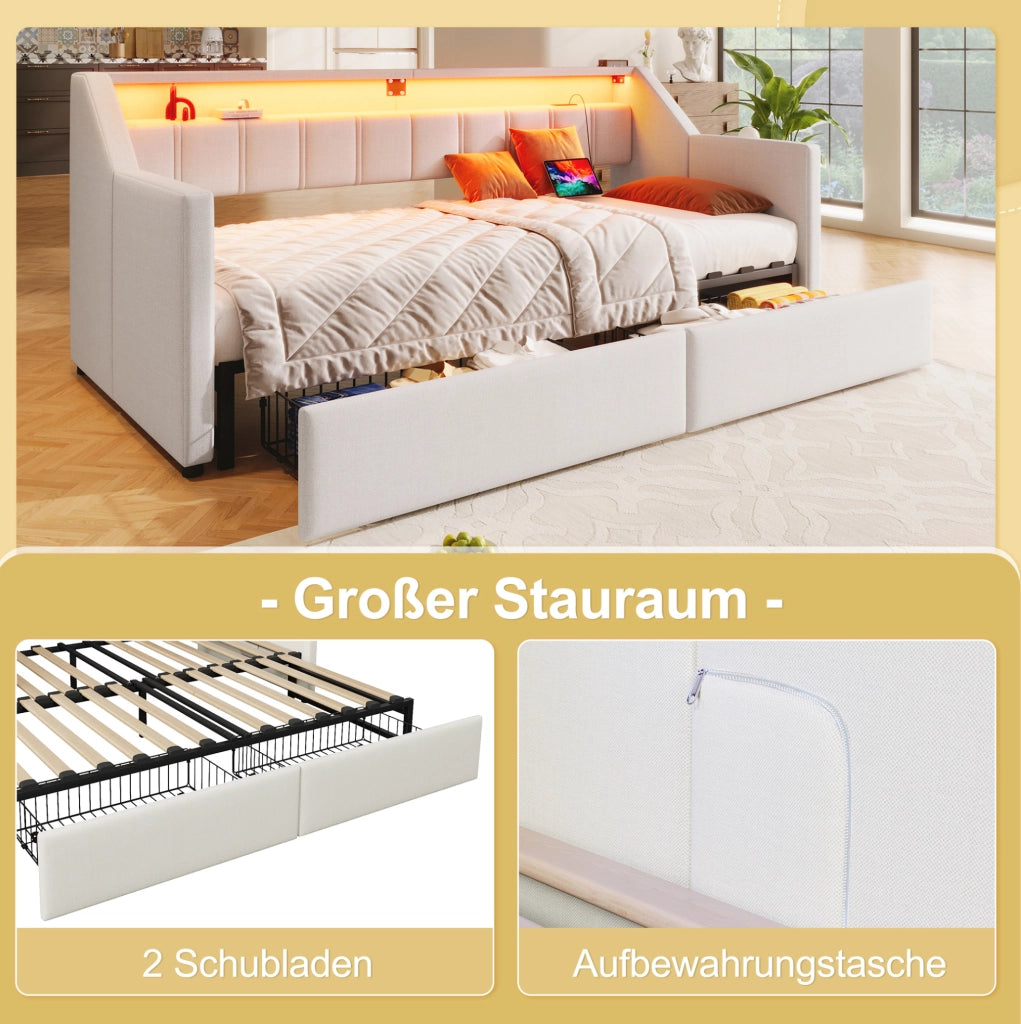 Letto estraibile con USB, Tipo C, LED, 2 cassetti e tasche portaoggetti