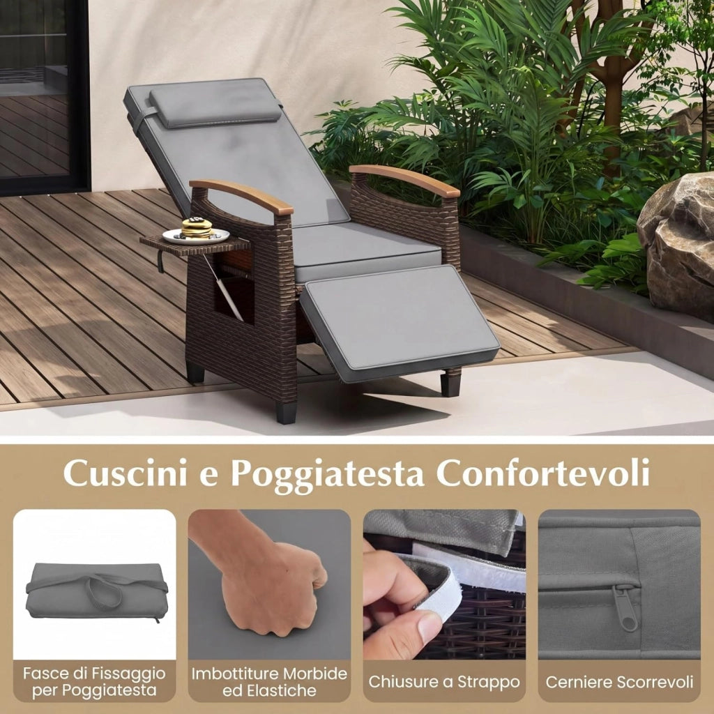 Poltrona Reclinabile da Giardino, Sedia Relax Esterno in Rattan con Schienale Regolabile a 150°, Poggiapiedi e Tavolino Pieghevole, Portata 180 kg, per Patio, Cortile e Terrazzo (Grigio,1)