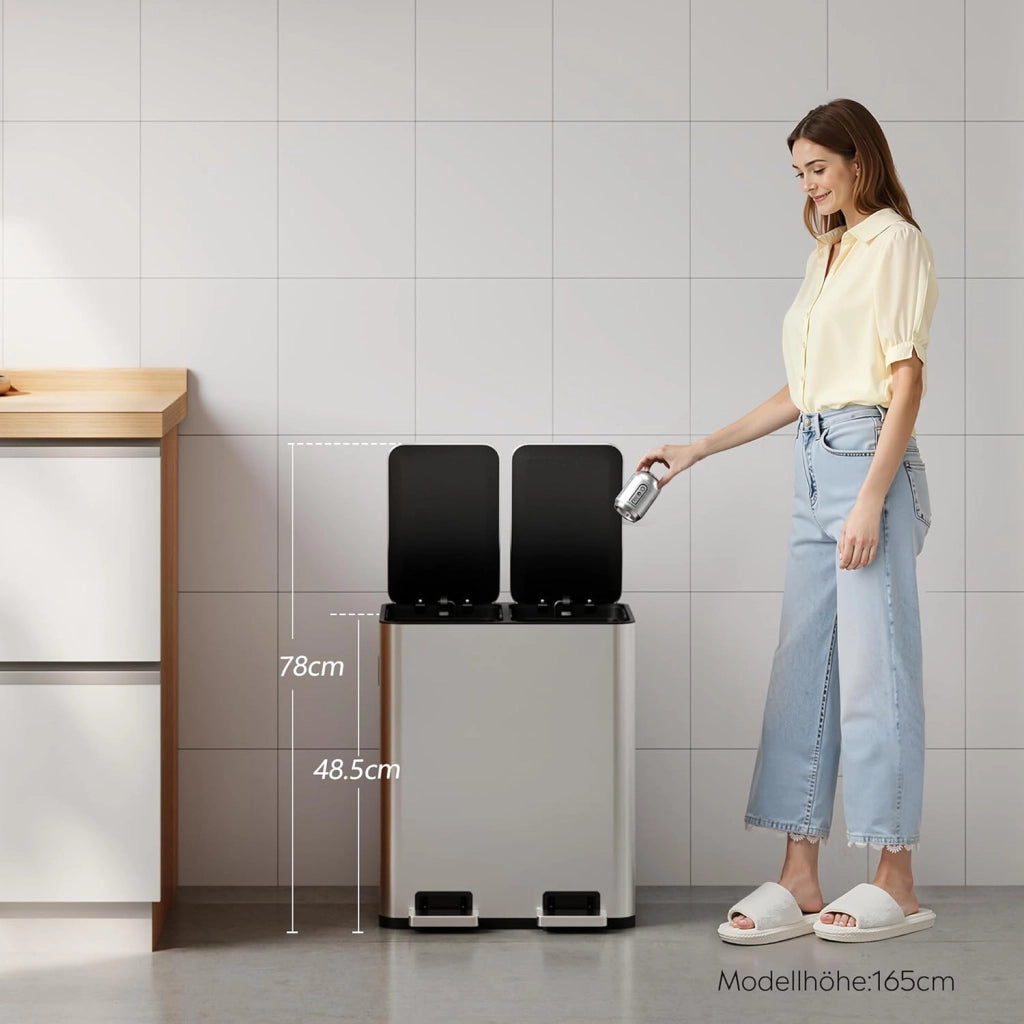 Bidone per rifiuti da cucina 30 litri a due camere ¨C zephmum ¨C in acciaio inossidabile con pedale