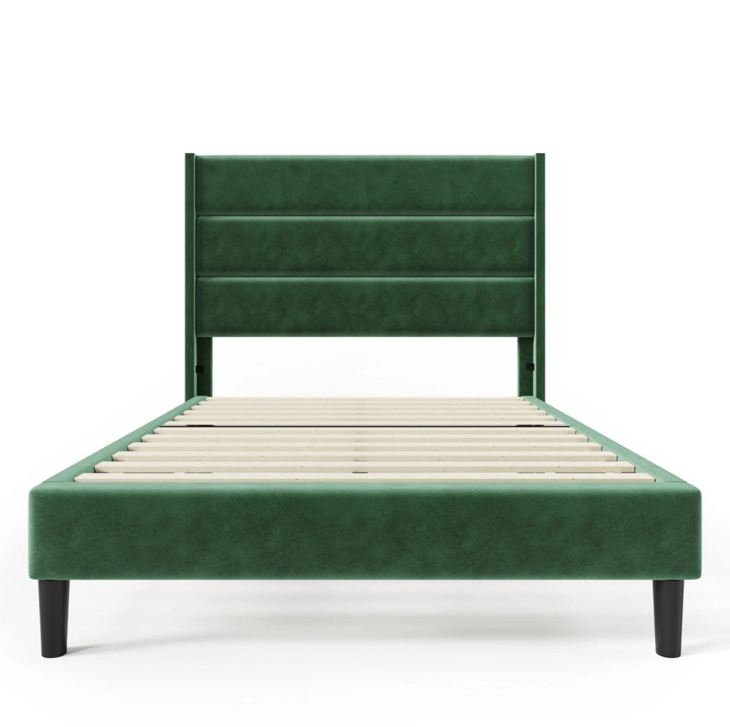 Letto singolo imbottito 90 x 200 cm in velluto verde scuro con rete e testiera confortevole
