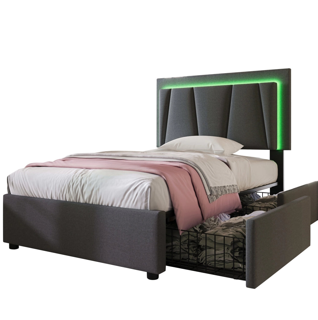 Letto singolo ULEVR 90x200 cm con LED, 2 cassetti e testiera regolabile, grigio