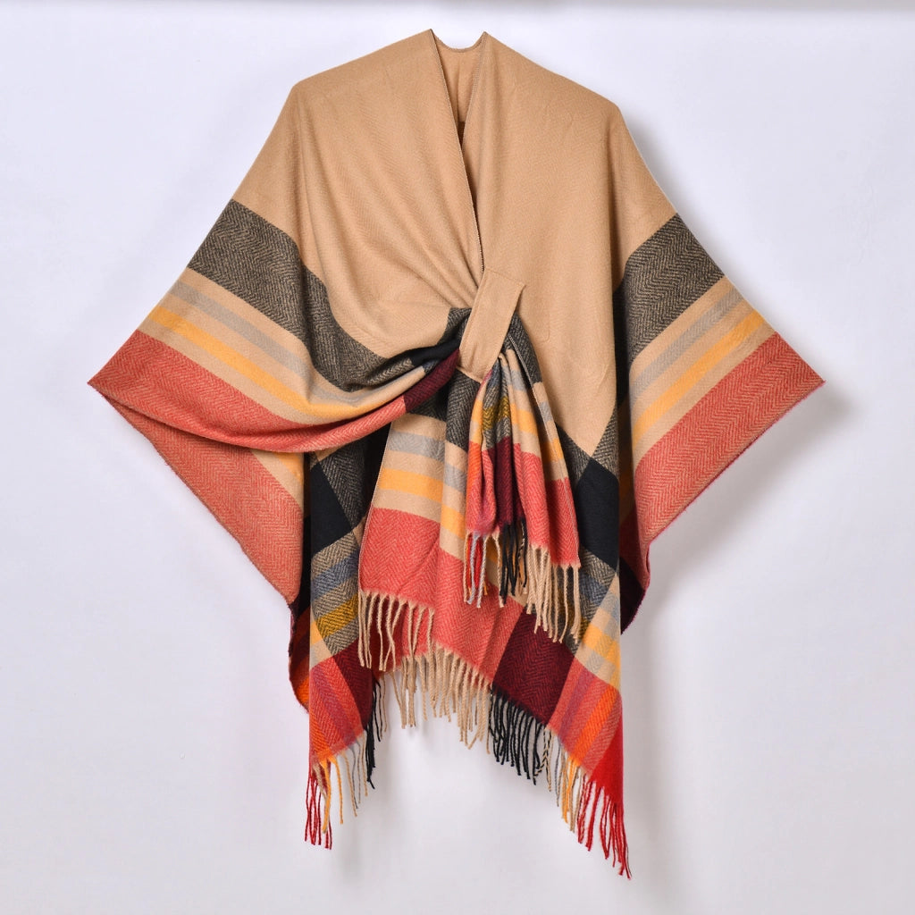 Nuovo scialle diviso con nappe, sciarpa semplice a quadri jacquard da donna