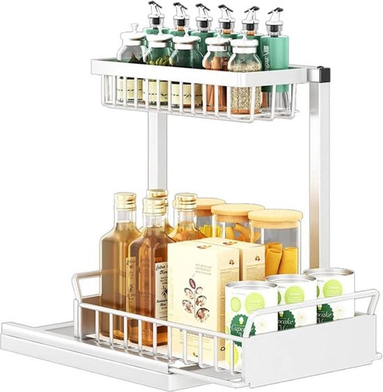 2 pezzi 2 strati lamiera verniciata sotto lavandino, organizzatore per armadi, cucine, bagni, magazzini, camere da lavanderia, uffici, camere da letto, bianco, stile L, 2 pezzi