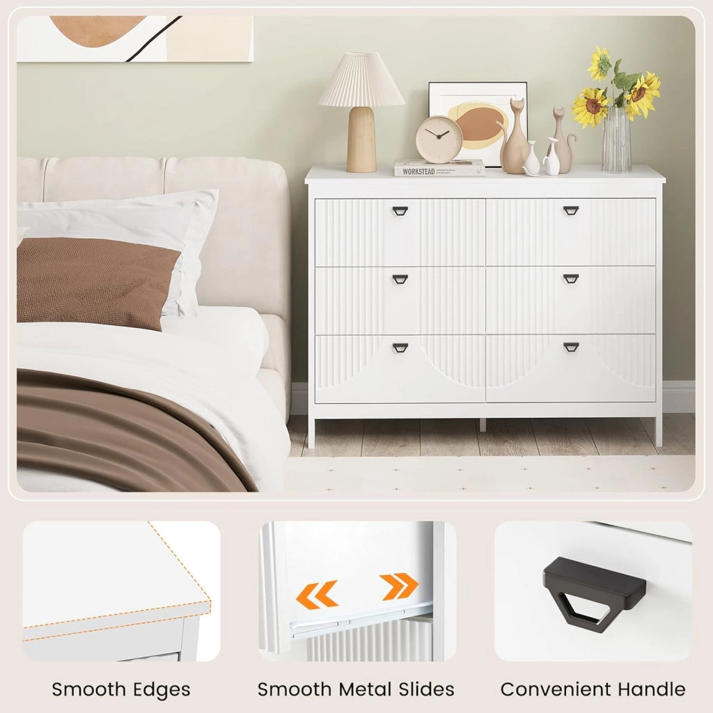 Cassettiera in legno con 6 cassetti, mobile portaoggetti con kit antiribaltamento, 106 x 40 x 79 cm, aspetto elegante, cassettiera per camera da letto, soggiorno, ingresso, bianco