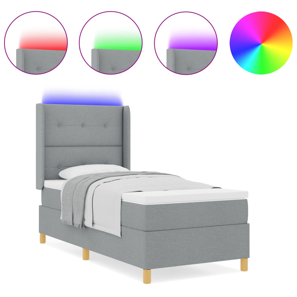 Letto a Box Spring con Materasso e Luce LED Grigio Chiaro 90x200 cm Tessuto