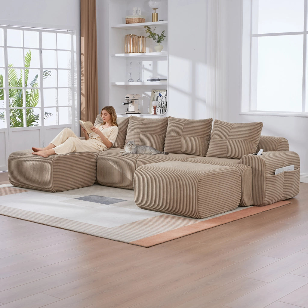 Divano Modulare 4 Posti con Poggiapiedi ¨C MINIMAL ¨C Tessuto, Beige/Khaki, con Portabicchieri