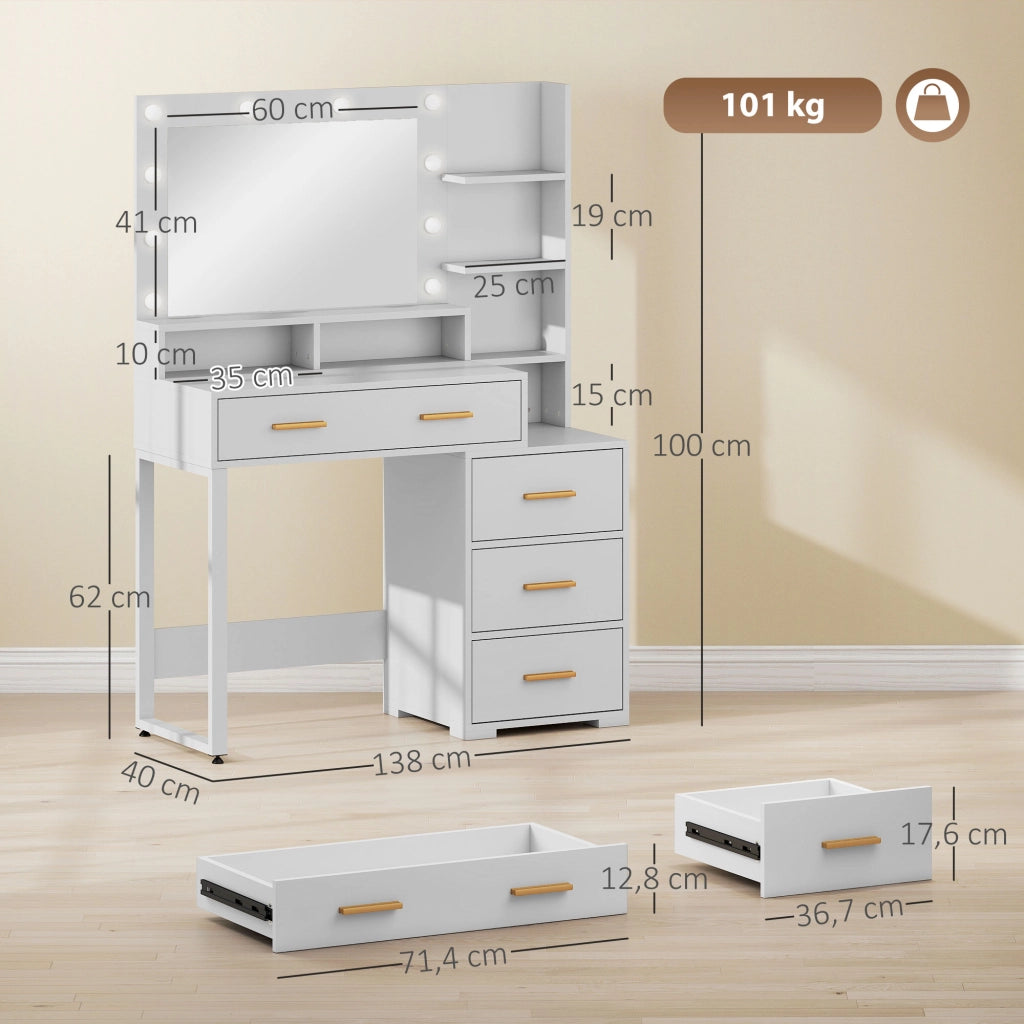 Scrivania da trucco con specchio e luci LED, 4 cassetti ¨C zephmum ¨C bianco, 100x40x138 cm