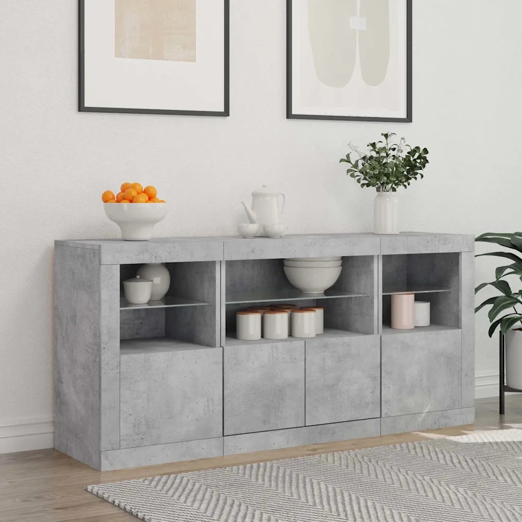 Credenza con Luci LED-Buffet-Armadio da cucina Grigio Cemento 142,5x37x67 cm 522116