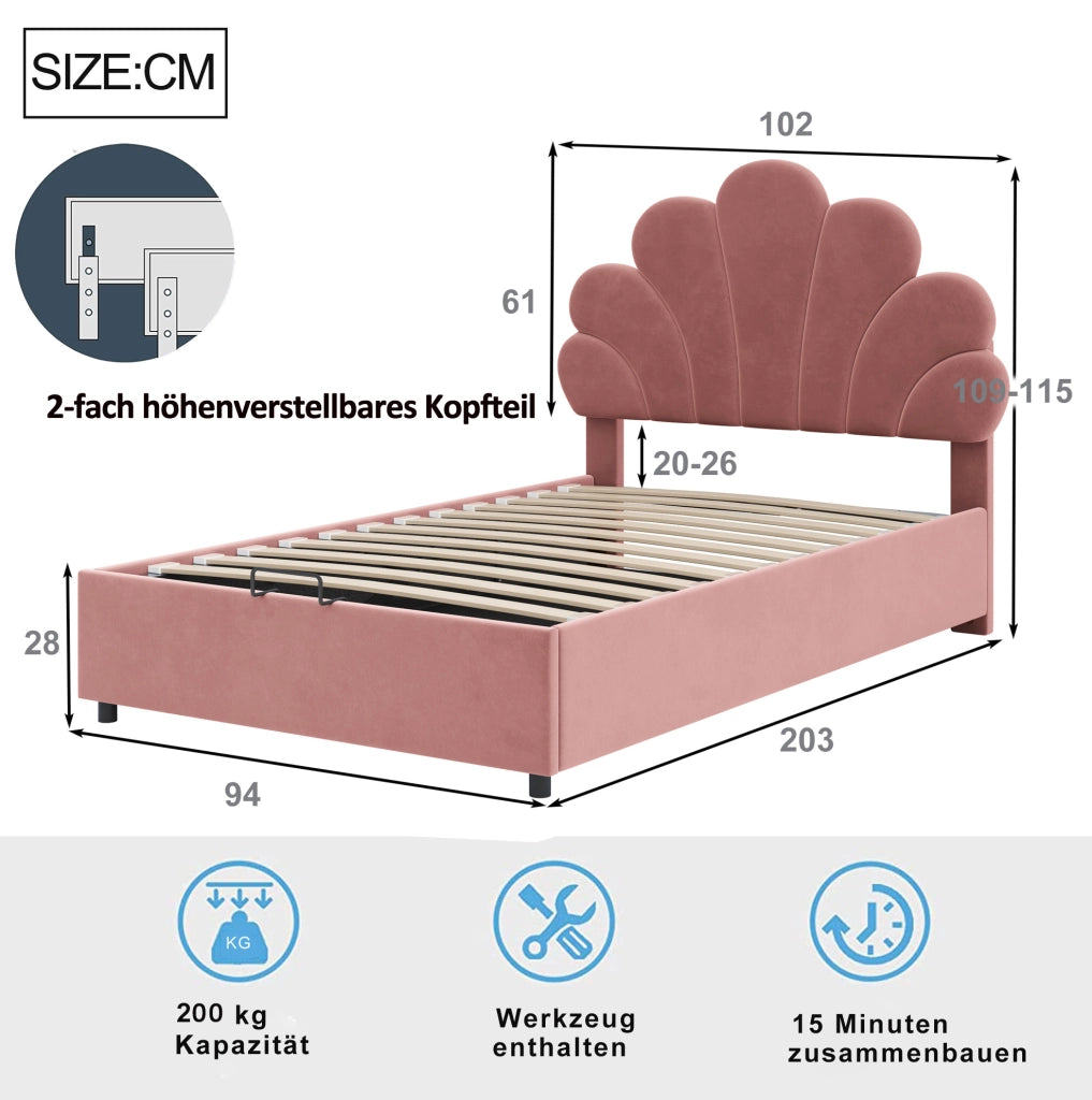 Letto imbottito 90 x 200 cm in velluto rosa con testiera floreale e contenitore idraulico