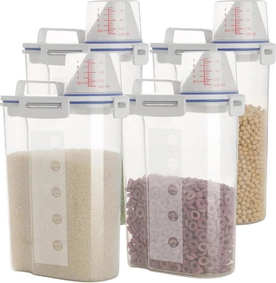 Set di Contenitori di Stoccaggio Aerei per Cibi Secchi da 4 - Box di Plastica Chiara Spessa con Beccuccio per Versare - Cucchiaino di Misura per Grani