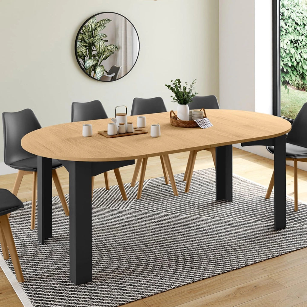 DONA Tavolo da pranzo rotondo allungabile per 4-10 persone, nero, piano effetto faggio 110-200 cm