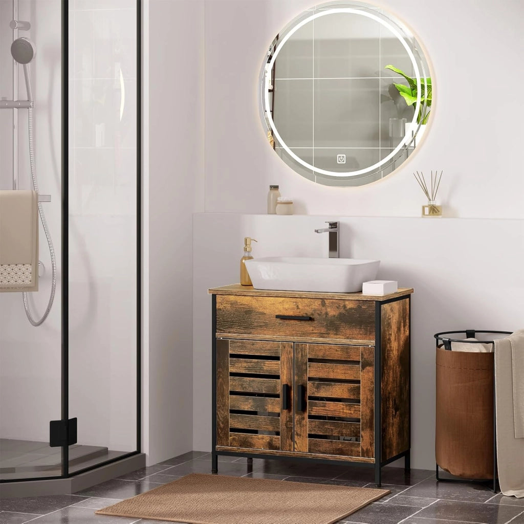 Mobiletto, Mobile Lavabo, Mobile Bagno, con 1 Cassetto Grande, 2 Ante a Ribalta, Ripiano Regolabile, MDF, 60x30x60cm, Marrone Rustico