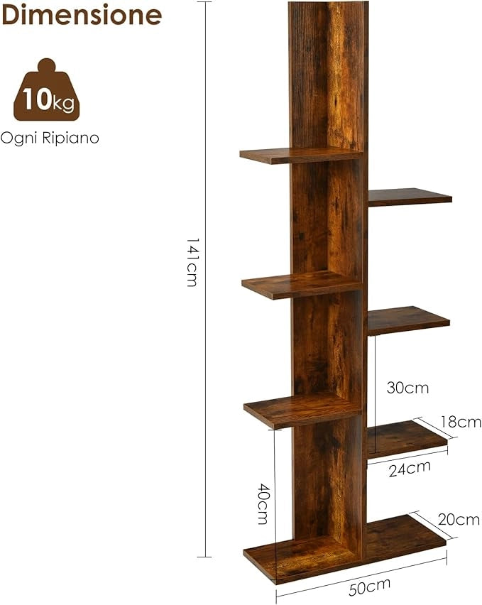 Scaffale in Legno per Libri, 6 Livelli, Libreria da Terra multiuso per Soggirno Ufficio Balcone, Ideale per per Soggirno Ufficio Balcone, 50 x 20 x 141,5 cm (Marrone)