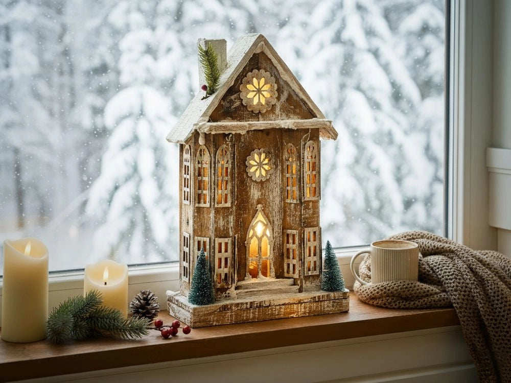 Decorazione natalizia in legno di abete marrone chiaro con luci LED statuetta di casa fatta a mano tradizionale