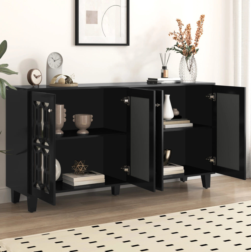 Credenza 160x40x84 cm a 4 ante in MDF nero con inserti in vetro e ripiani mobili