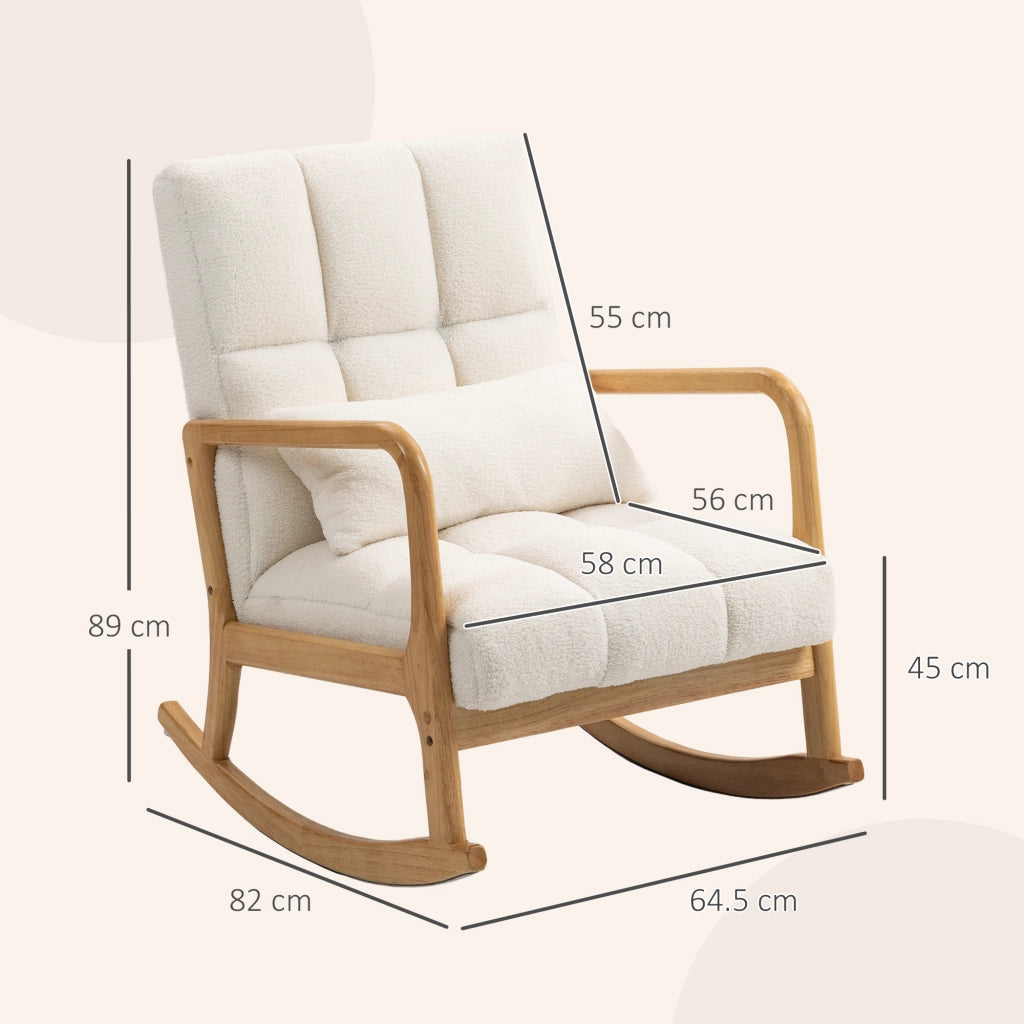 Poltrona a Dondolo 90°-130° 64,5x82x89 cm con Cuscino Lombare in Tessuto Sherpa Bianco