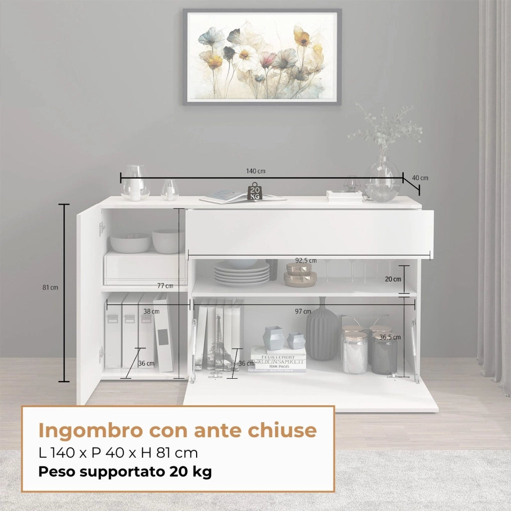 WHOUS Credenza Potenza con 1 anta 1 ribalta e 1 cassetto bianco lucido 140x40x81 cm