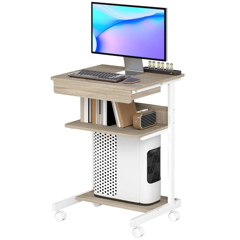 SCRIVANIA COMPATTA 56 x 51 cm con cassetto e ripiani, rovere, su ruote