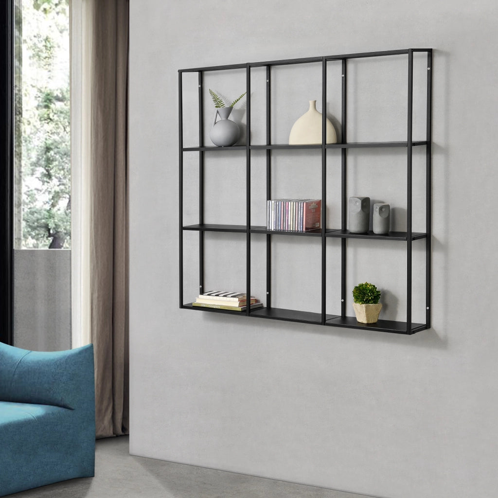 Scaffale da Parete Jelsa in Ferro Libreria Sospesa con 9 Scomparti 100x18x110 cm Nero [en.casa]