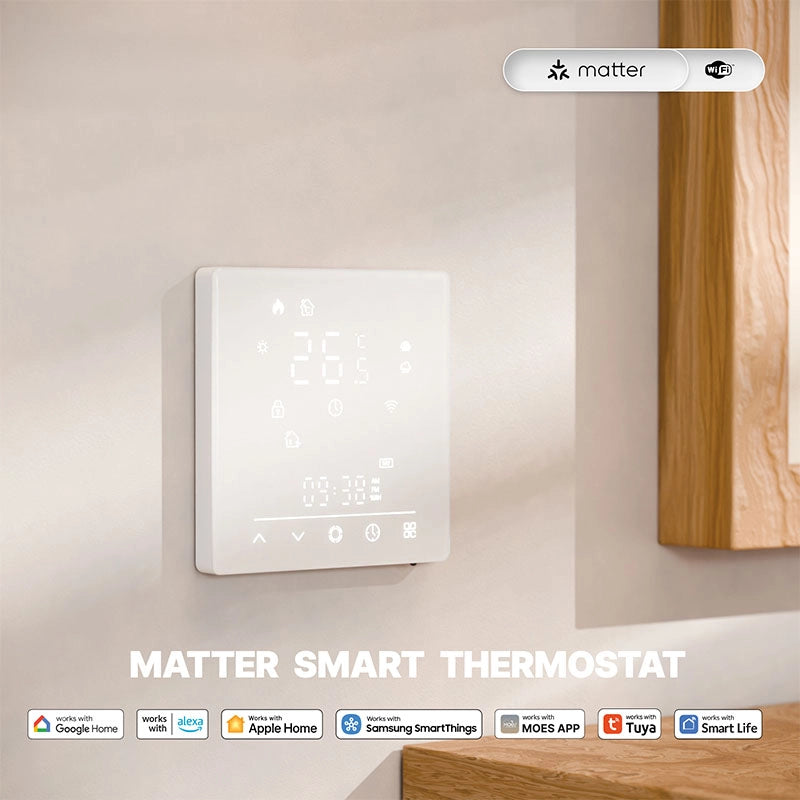 Termostato Matter WIFI 2.4G TUYA, Smart Life, Apple Home, Google Home, Alexa, Samsung SmartThings Riscaldamento Pavimento Con Acqua Bianco 5A 95-240V IP20